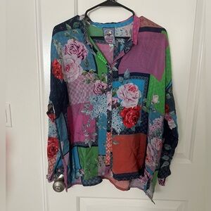 Johnny Was Collection Silk Paisley Floral Color Blocked Button Down Blouse - S
